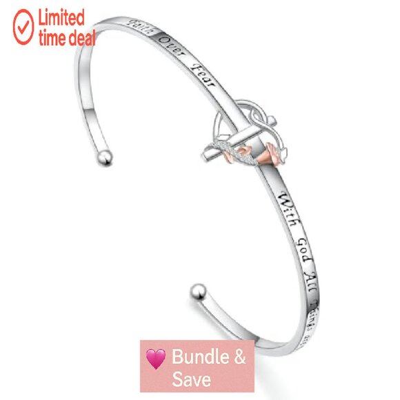 Sterling Silver Cross Cuff Bracelet Faith Over Fear Christian Jewelry - Picture 2 of 8